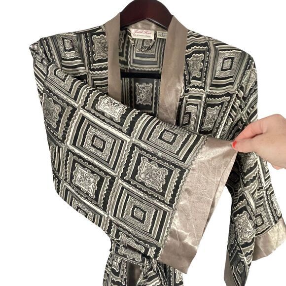 Vintage Judith Hart Long Belted Robe Size Small Black Bronze GEOMETRIC SemiSheer - Picture 2 of 7